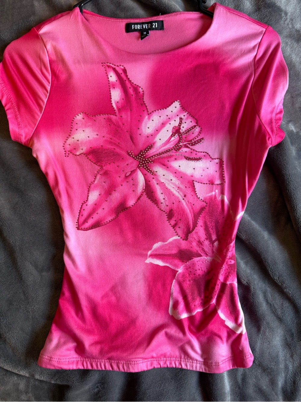 Forever 21 Hot Pink Floral Short Sleeve Tee with Rhinestone Detail